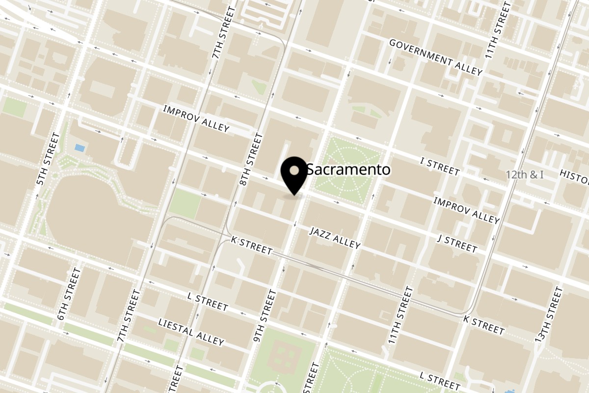 Map showing the location of Frends Brewhouse Downtown on 828 J St in Sacramento
